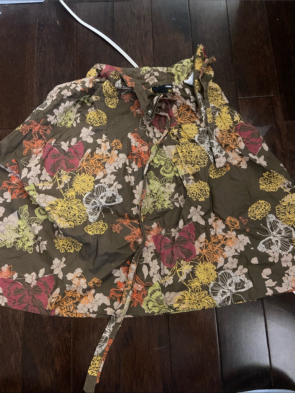 H&M Olive Green Floral Midi Skirt with Pink, Yellow & Orange Accents